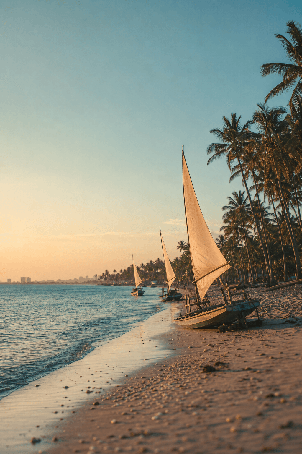 Jangadas na areia ao amanhecer, na orla de Fortaleza